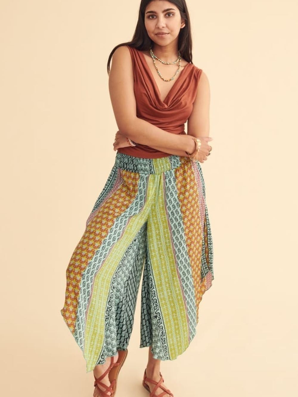 Bohemian Wide-Leg Printed Palazzo Pants in Multi-Striped